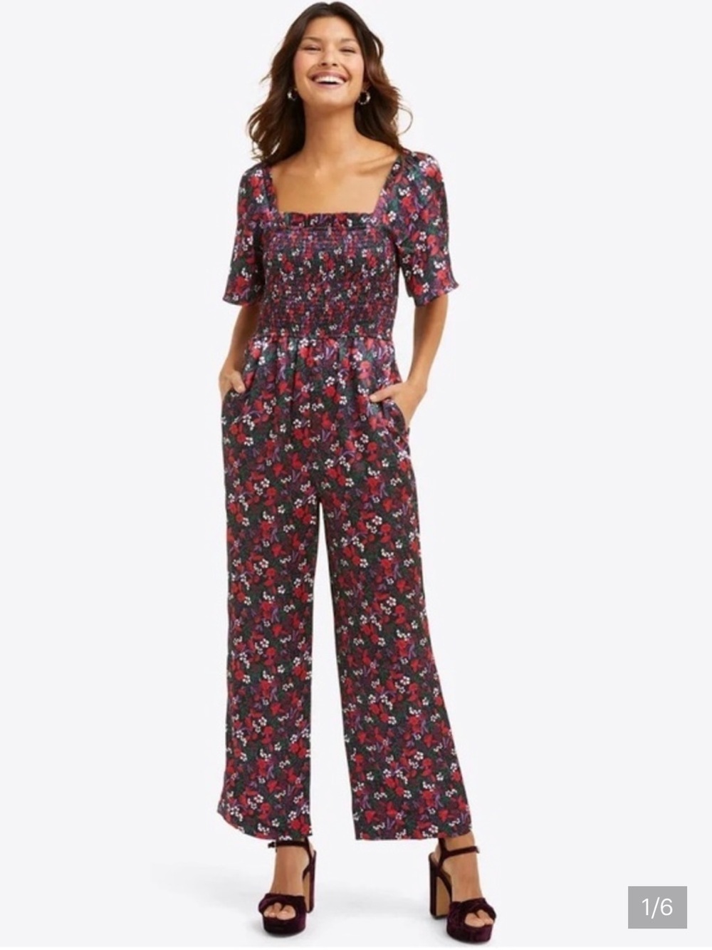 Draper James Maren Floral pocket Jumpsuit in Burgundy XL